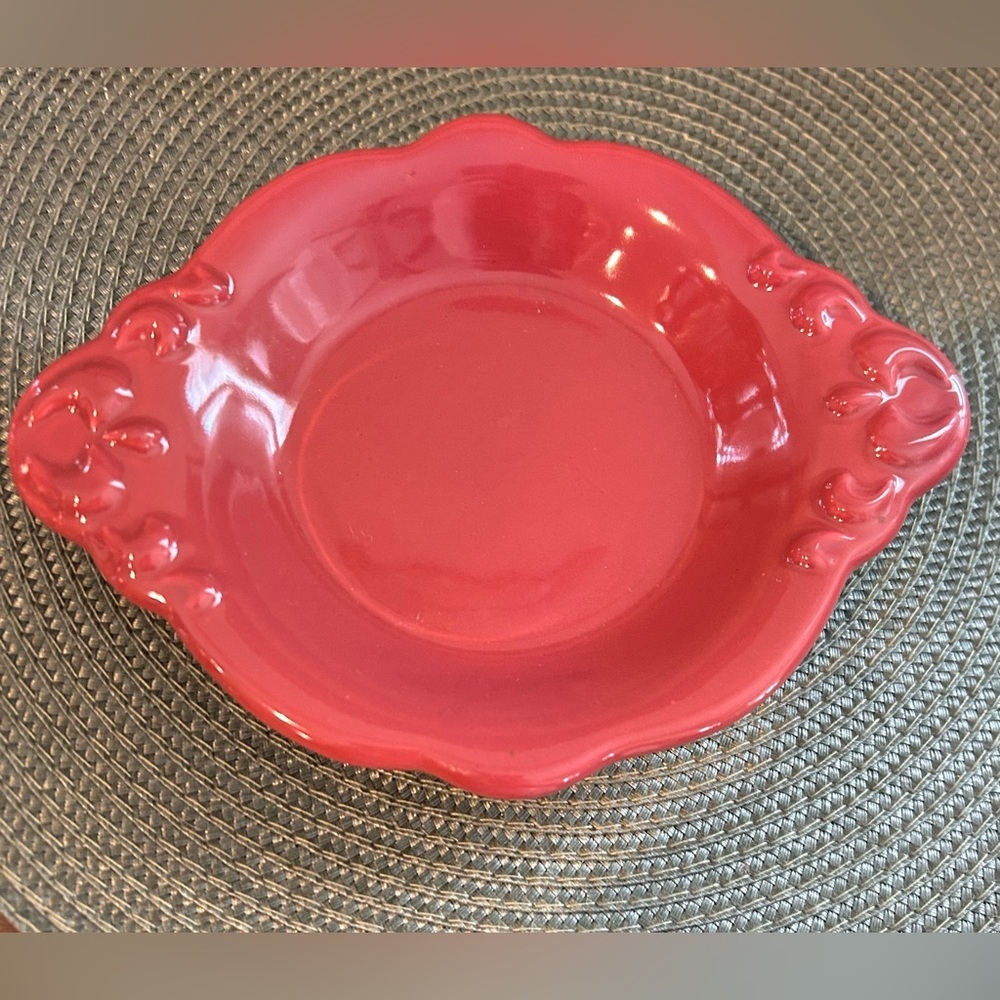 Haeger USA Red Pottery Handled Oval Bowl #223 Scroll Design on Handles 8.25x6.25
